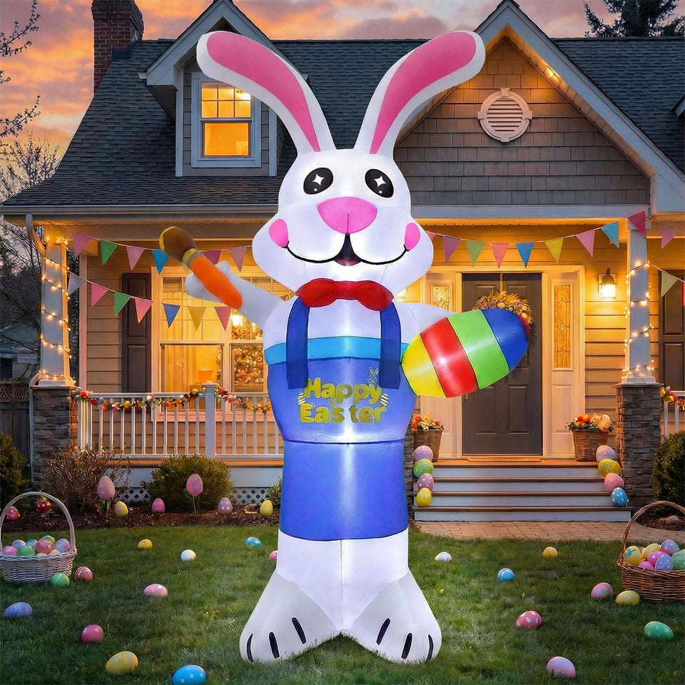 Gardwin Easter inflatable bunny painting eggs elevating front yard curb appeal.