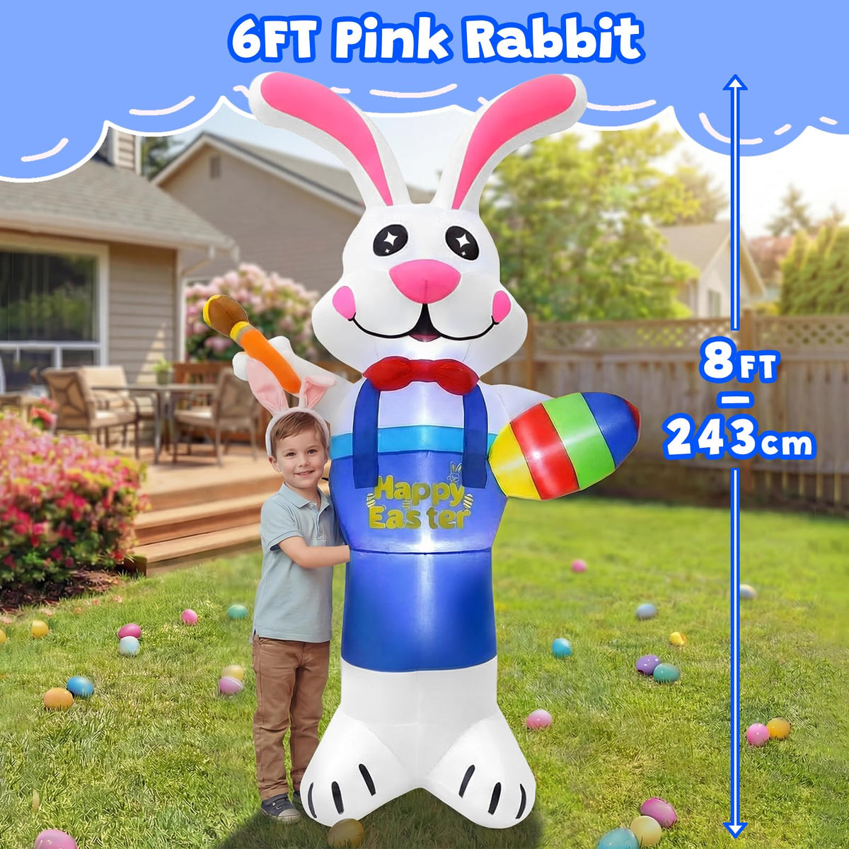 Gardwin outdoor Easter bunny inflatable with durable stitching resists weather wear.