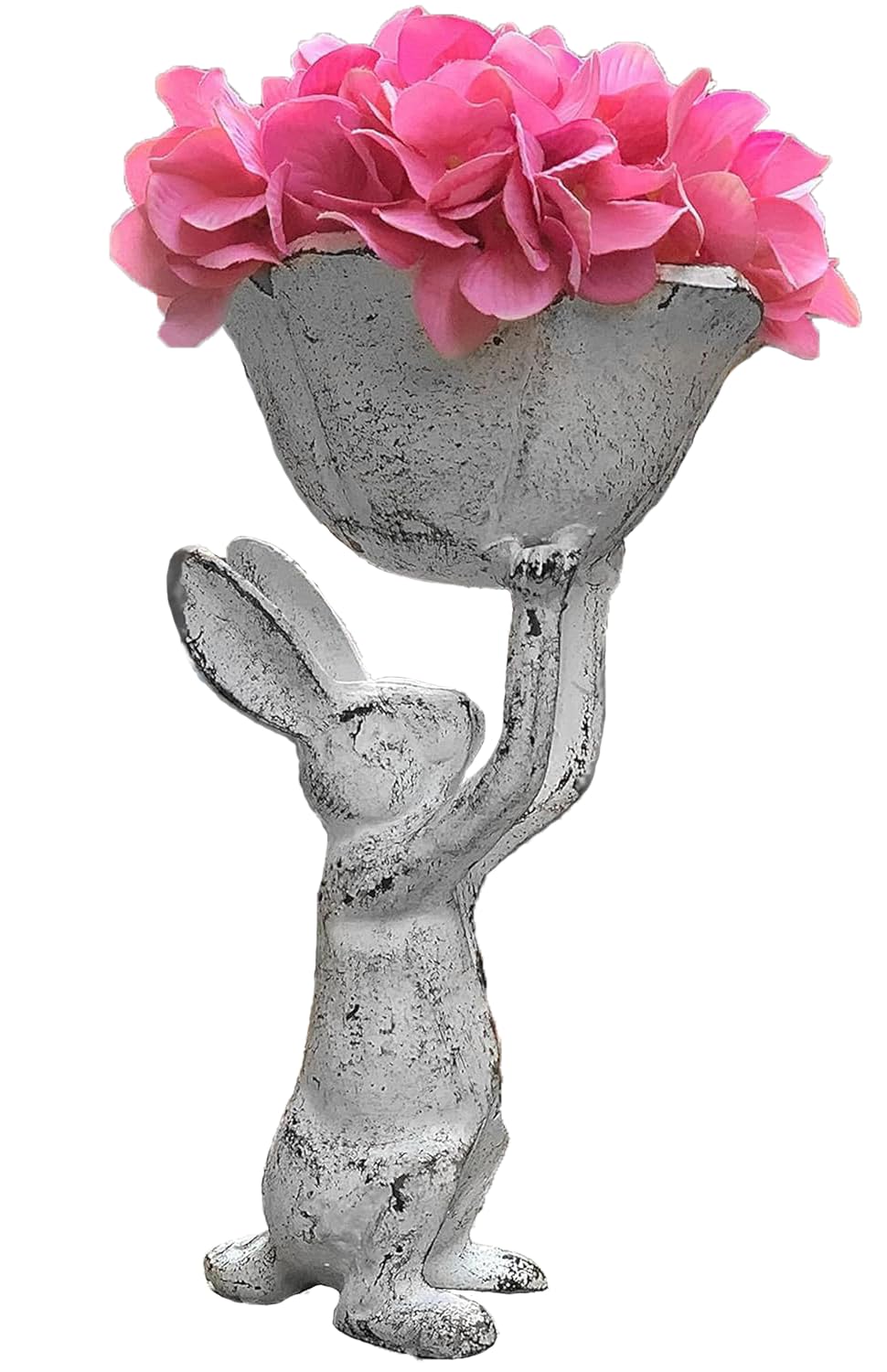 GARDY antique-white rabbit bird-feeder planter close-up showing durable cast iron finish.