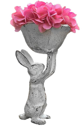 GARDY antique-white rabbit bird-feeder planter close-up showing durable cast iron finish.
