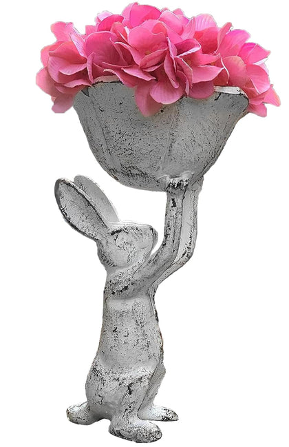 GARDY antique-white rabbit bird-feeder planter close-up showing durable cast iron finish.
