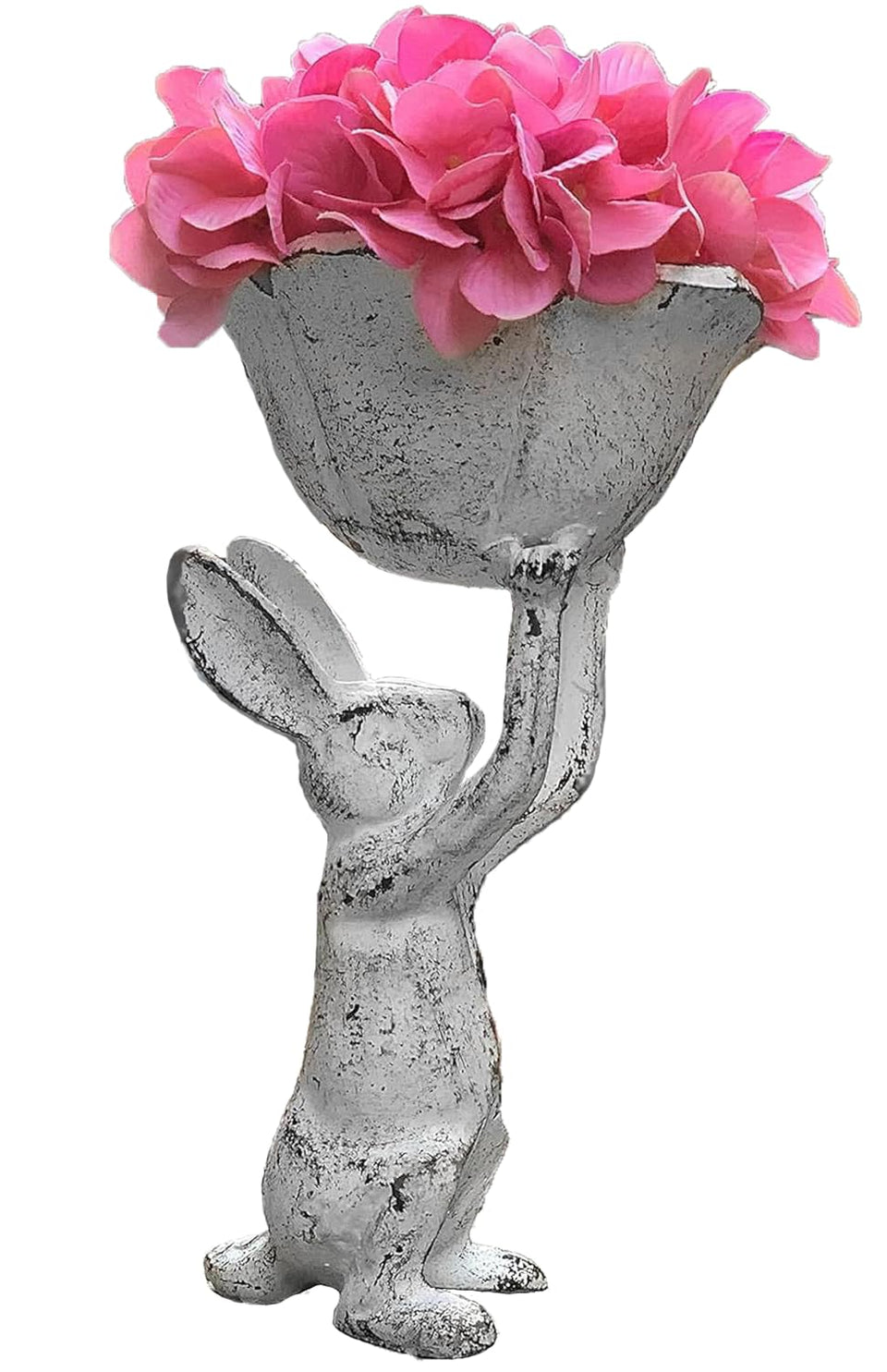 GARDY antique-white rabbit bird-feeder planter close-up showing durable cast iron finish.