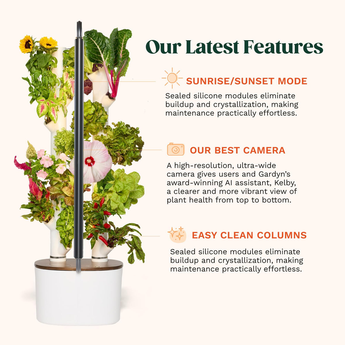 Gardyn Studio 2 sealed columns keep hydroponics clean with watertight seals.