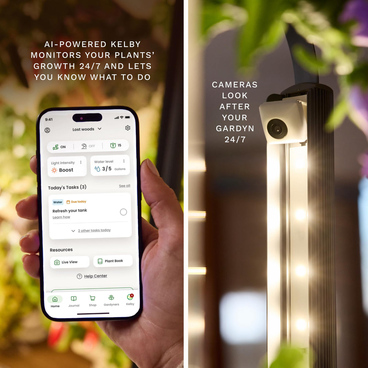 Gardyn Studio 2 sunrise and sunset modes mimic natural light for thriving plants.