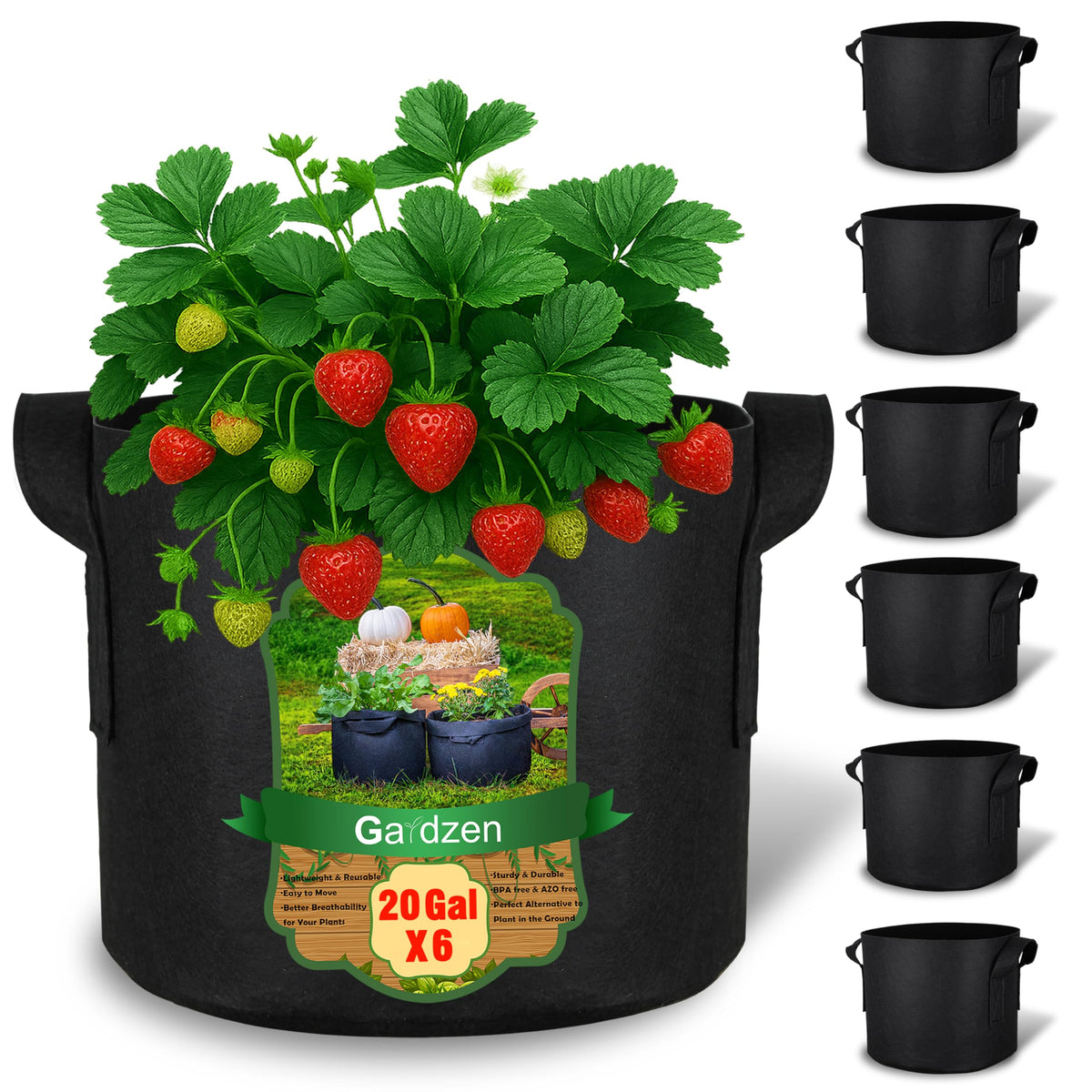 Gardzen 6-pack 20-gallon grow bags offer durable fabric for season-long vegetable growing.