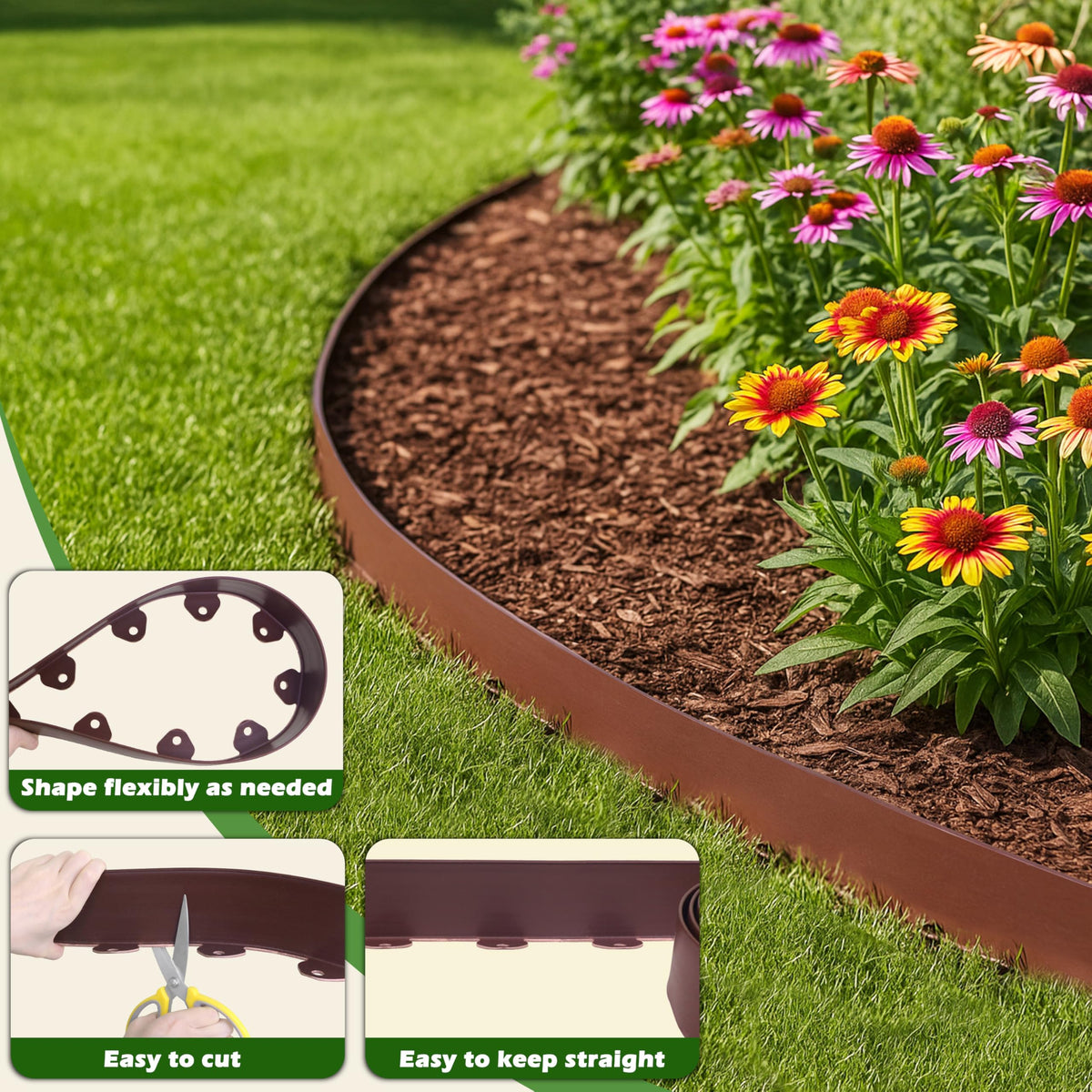 Gardzen flower bed border keeps mulch in place and weeds out