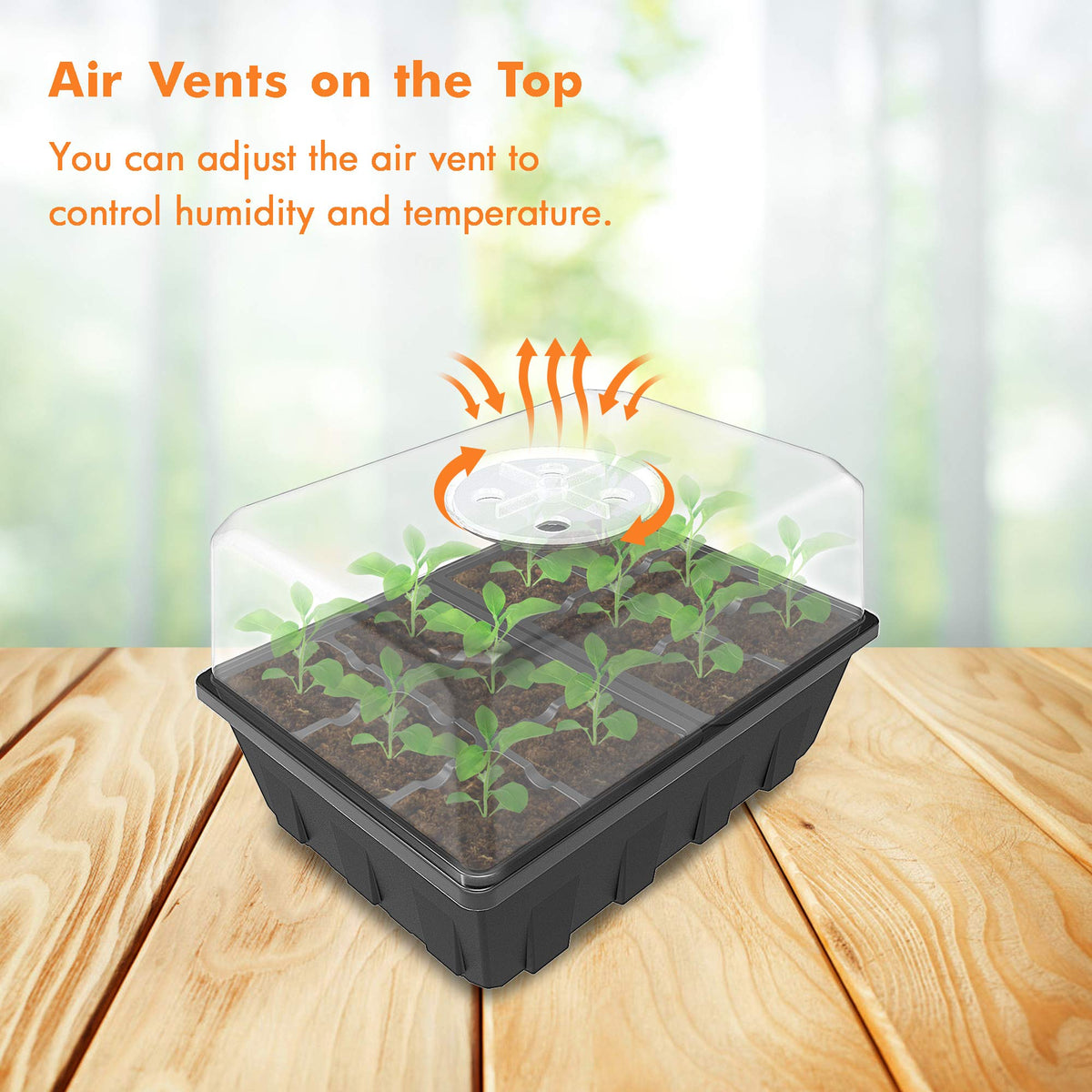 Gardzen ventilated dome on seed tray enabling adjustable humidity for germination.