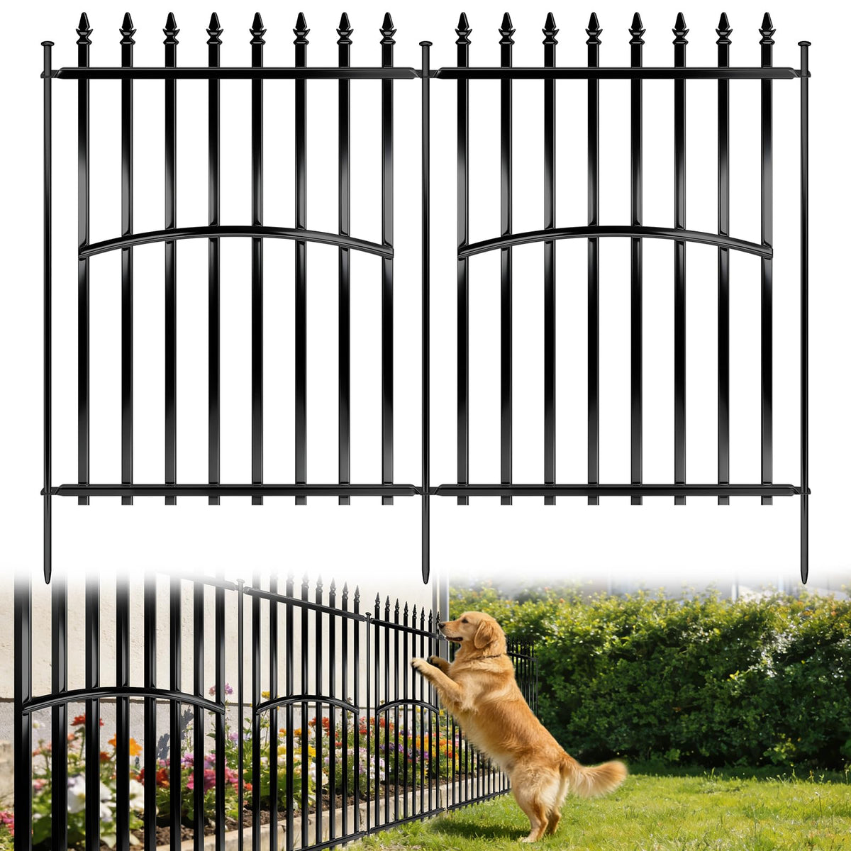 Garovee metal garden fence panel view showing sturdy 32in height for yard boundary