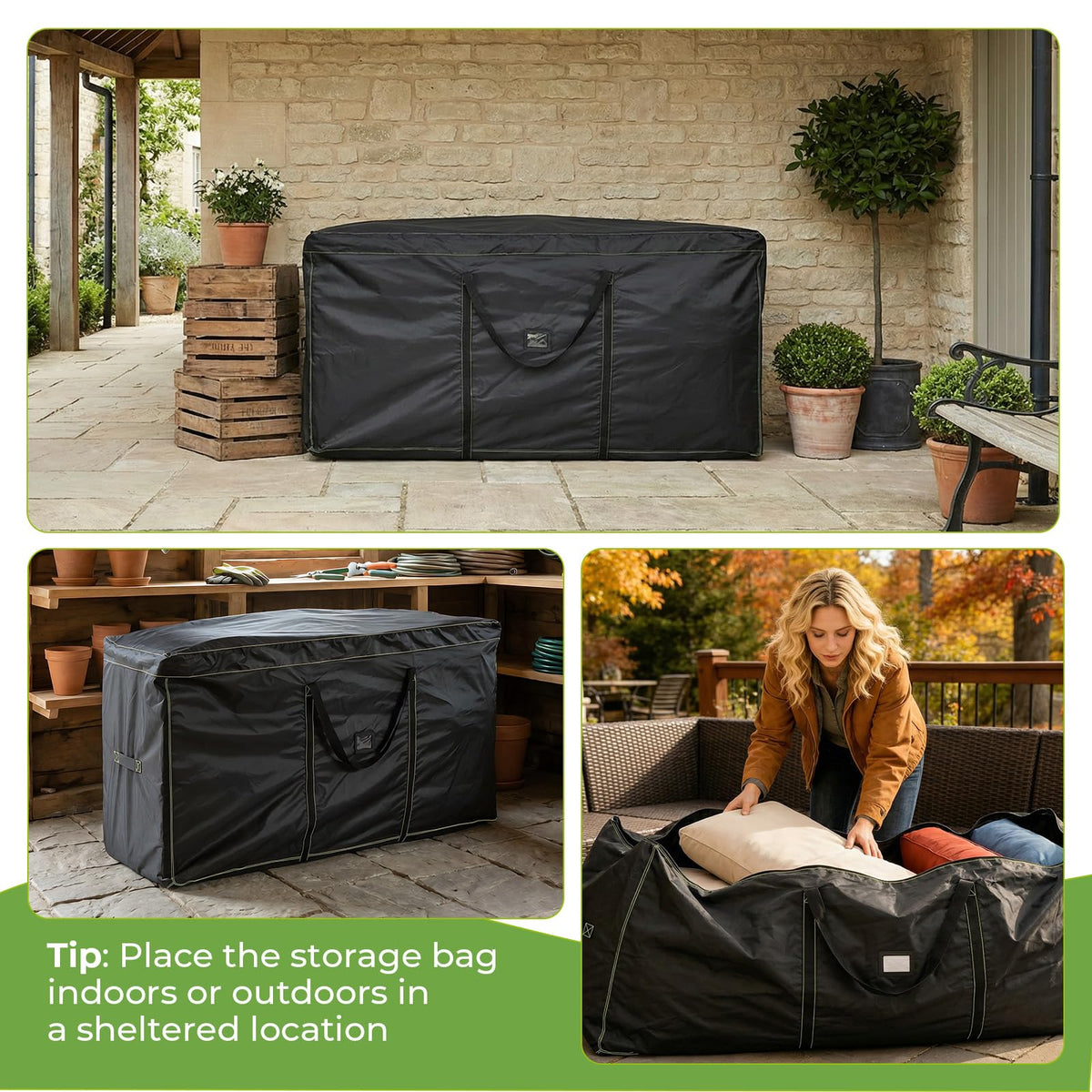 GARPROVM protects cushions from dust and moisture between seasons.