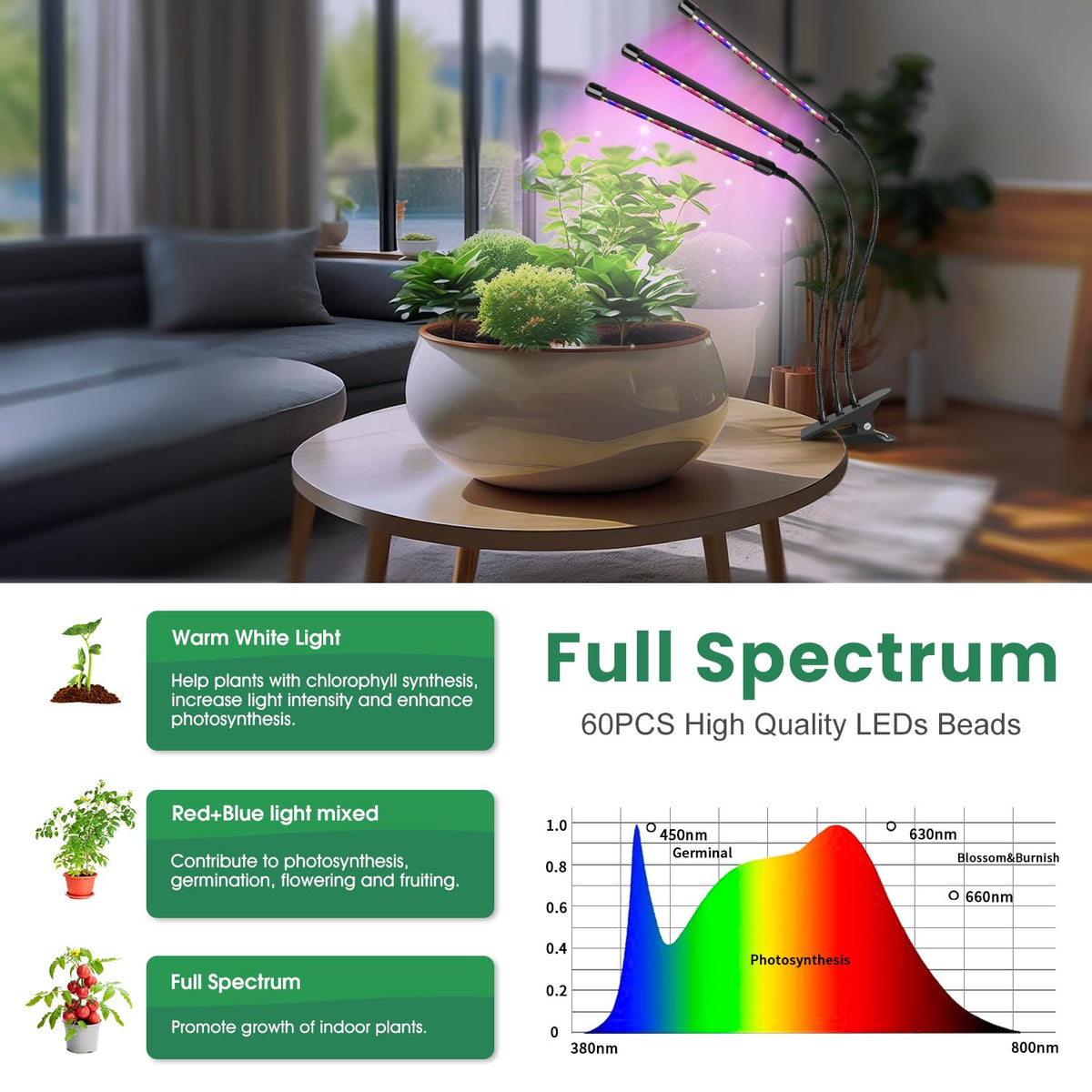 Garpsen 360-degree gooseneck adjustable arm illuminating plants from any angle.
