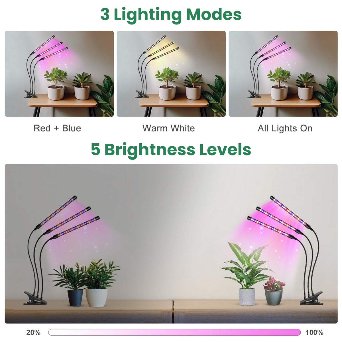 Garpsen grow light powered by USB-C or AC plug for flexible placement.