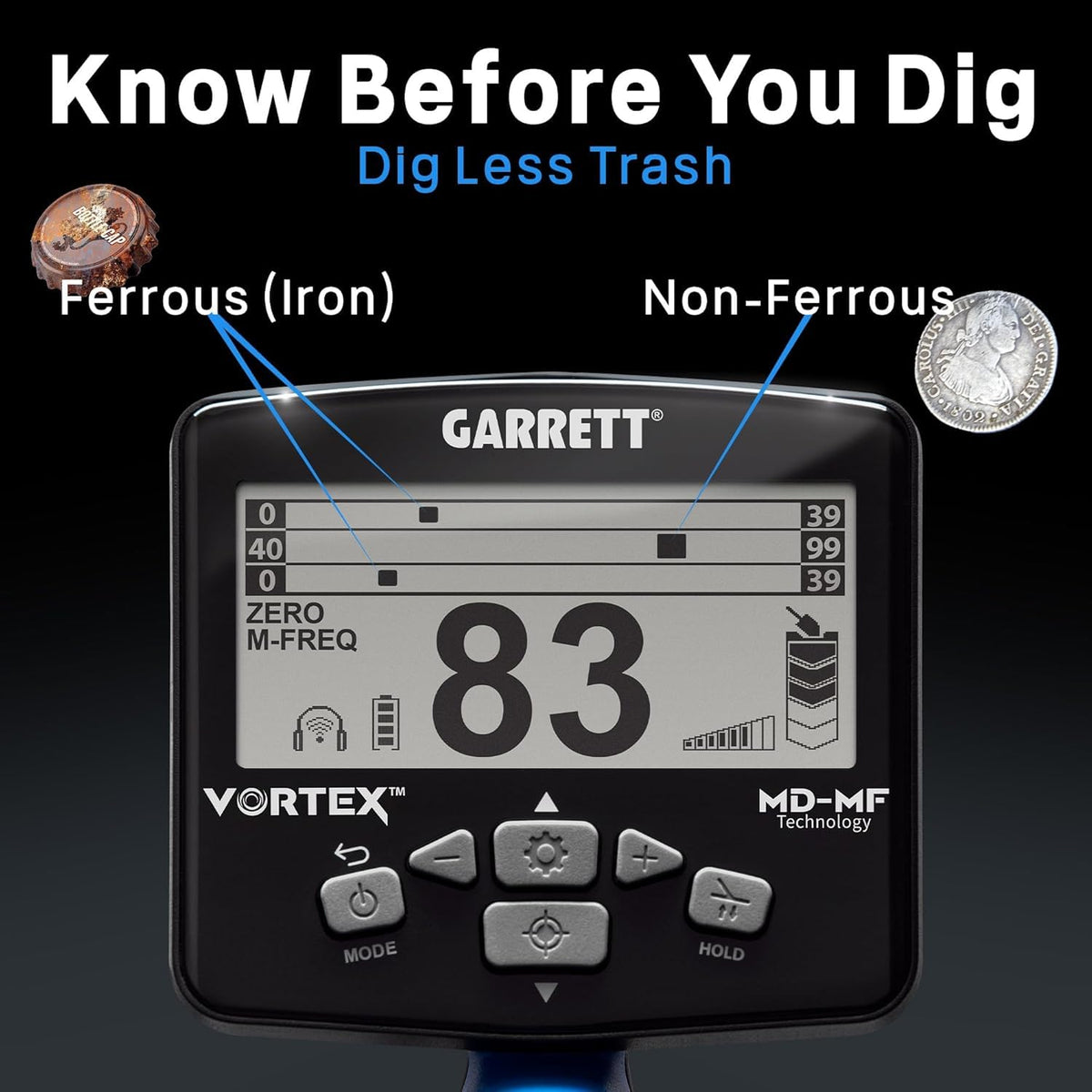 Garrett Vortex VX9 8.5x11 searchcoil supports broad-area detection.