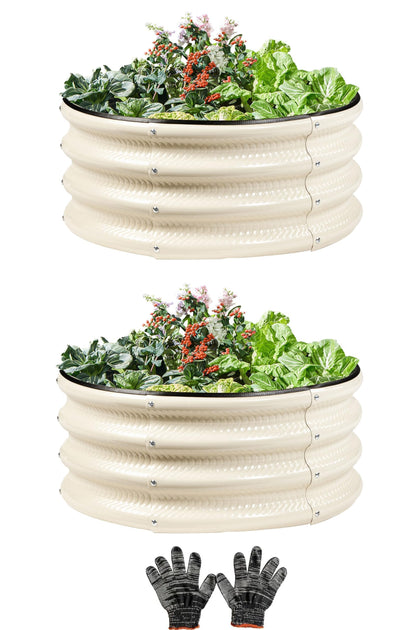 Gartist round raised garden bed in cream white, ideal for vegetables and flowers on patios
