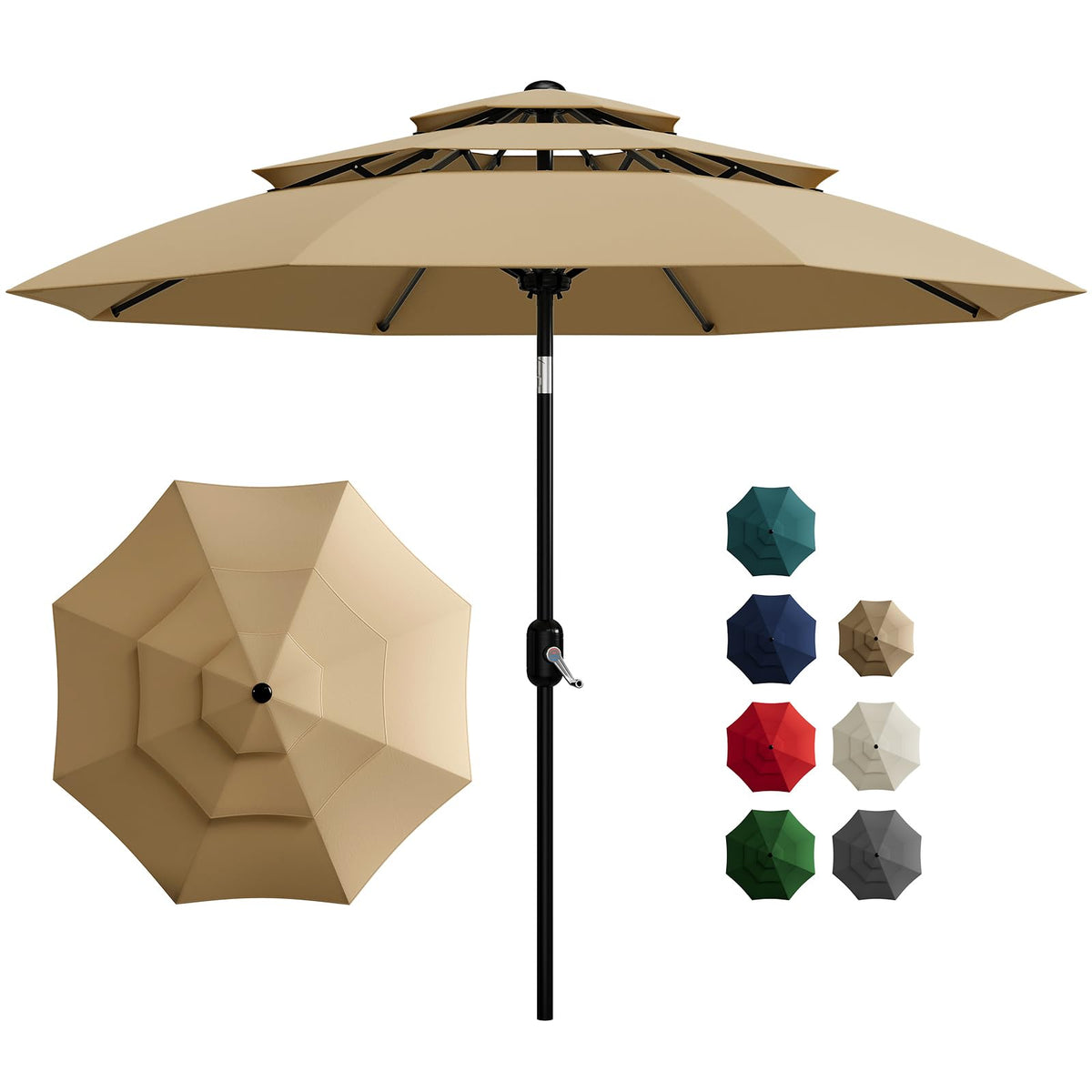 Garvee 10ft 3-tier umbrella open, broad patio shade for outdoor dining.