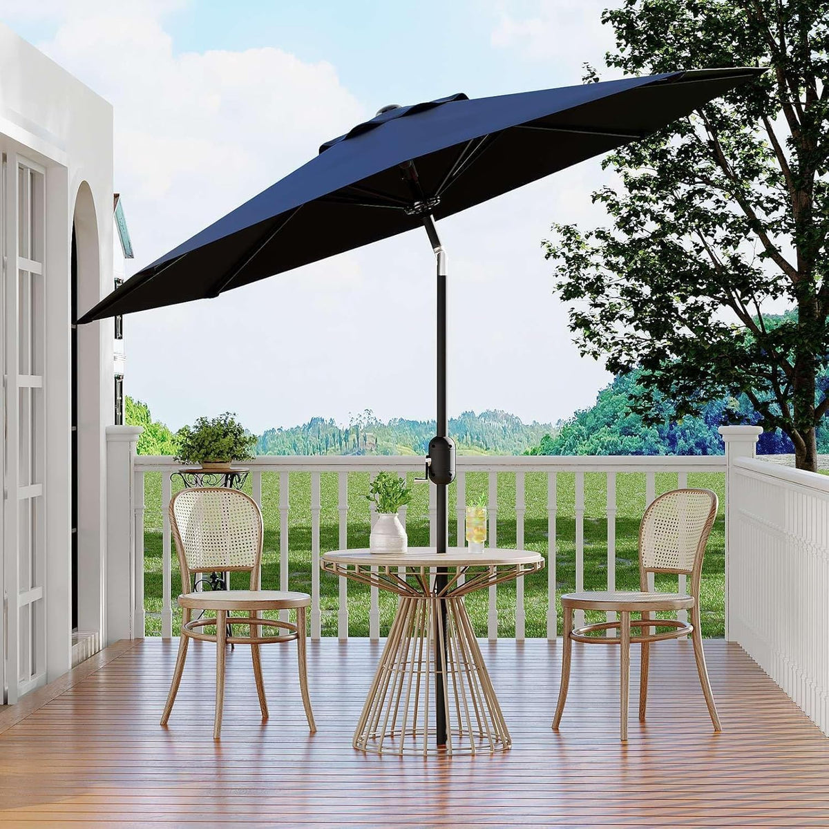 Garvee 10ft patio umbrella poolside scene with navy blue canopy.