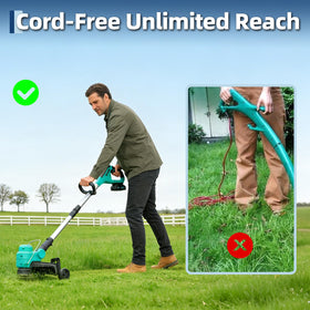Garvee adjustable head provides versatile cutting angles on uneven ground.
