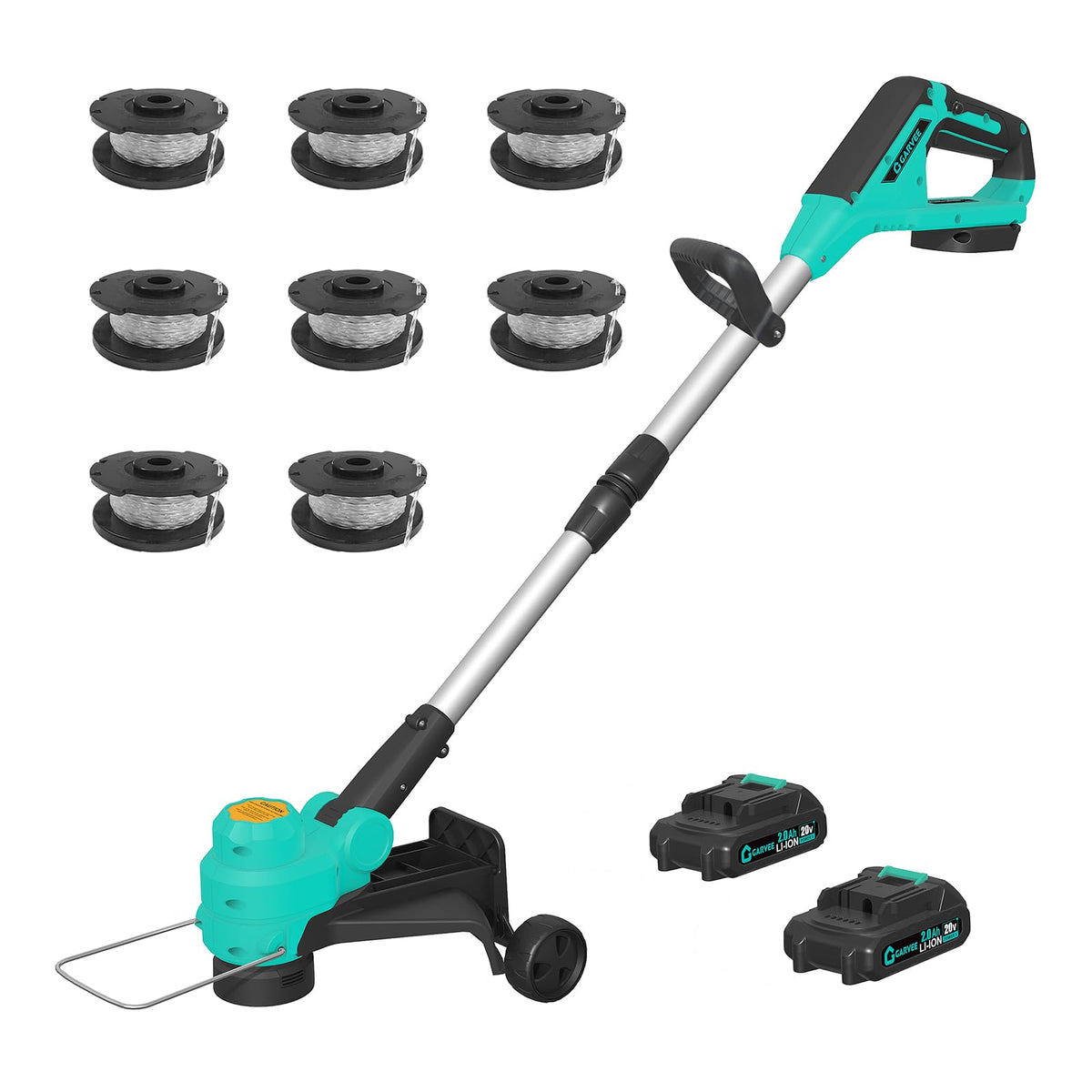 Garvee 12-inch cordless weed wacker with batteries showing long runtime for lawn tasks.
