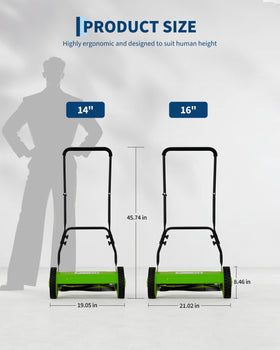 Garvee 14-inch-cutting-width image shows efficient, even trimming for compact lawns.