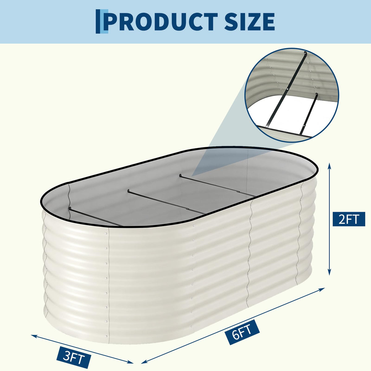 Garvee 6x3x2ft oval bed close-up shows galvanized steel durability.