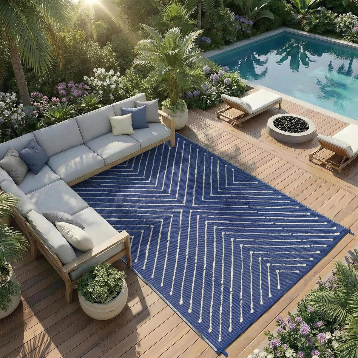 Garvee navy-blue rug spread on patio, versatile deck and porch décor.