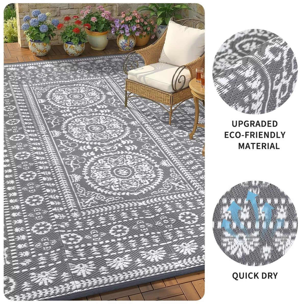 Garvee 8x10 outdoor rug in product shot with sunlit deck.