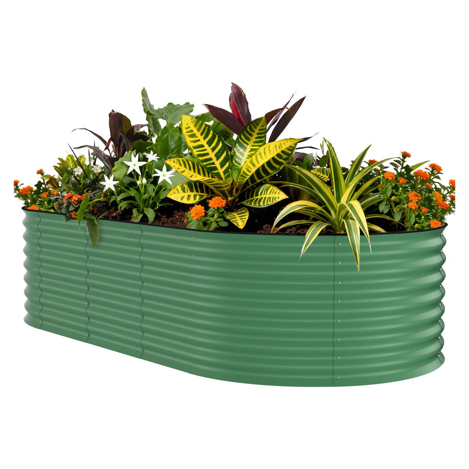 Garvee 8x4x1.5ft oval raised bed front view showing sturdy galvanized steel for durability