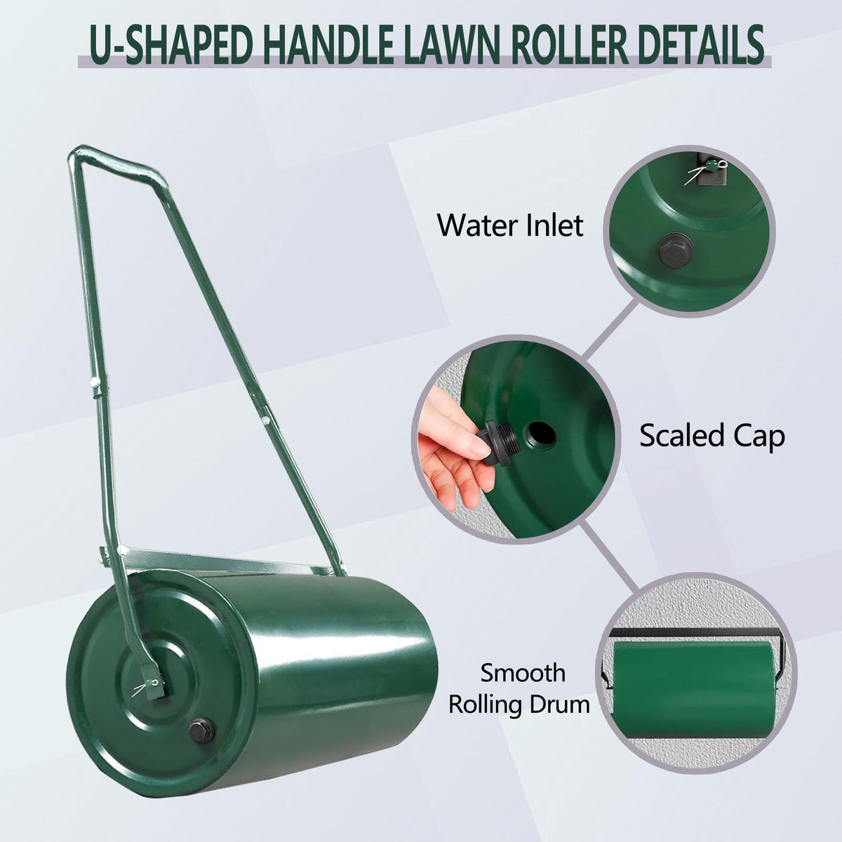 Garvee lawn roller features a scraper bar to clear debris