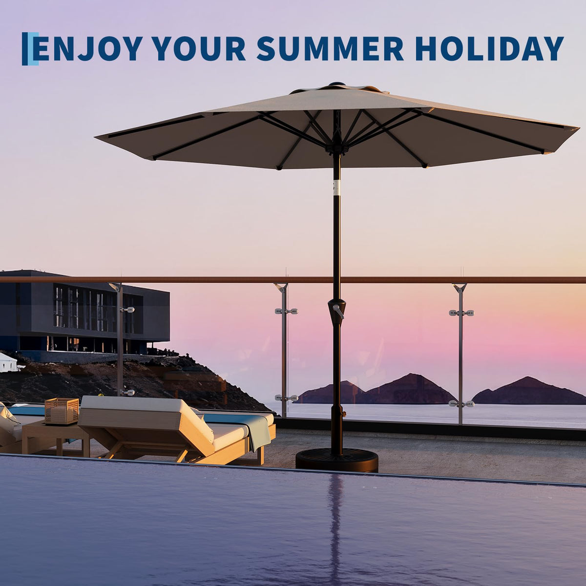 Garvee 9FT poolside umbrella offers versatile shade for deck and yard.