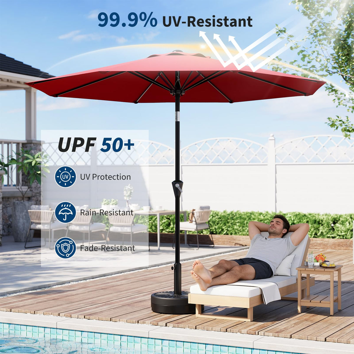 Garvee 9FT patio umbrella tilt feature adjusts shade with sun.