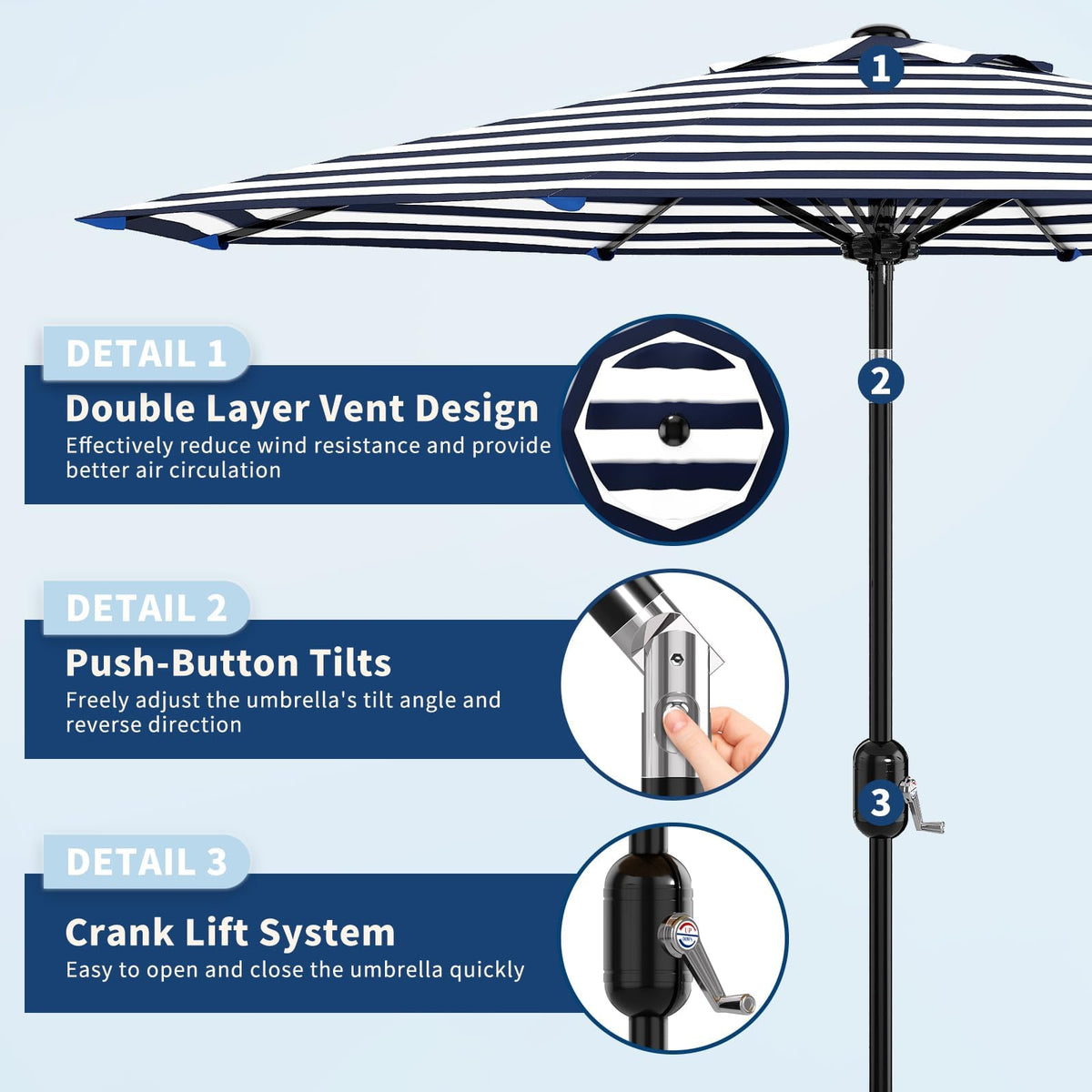 Garvee 9 ft patio umbrella tilted to adjust sun protection by the deck.