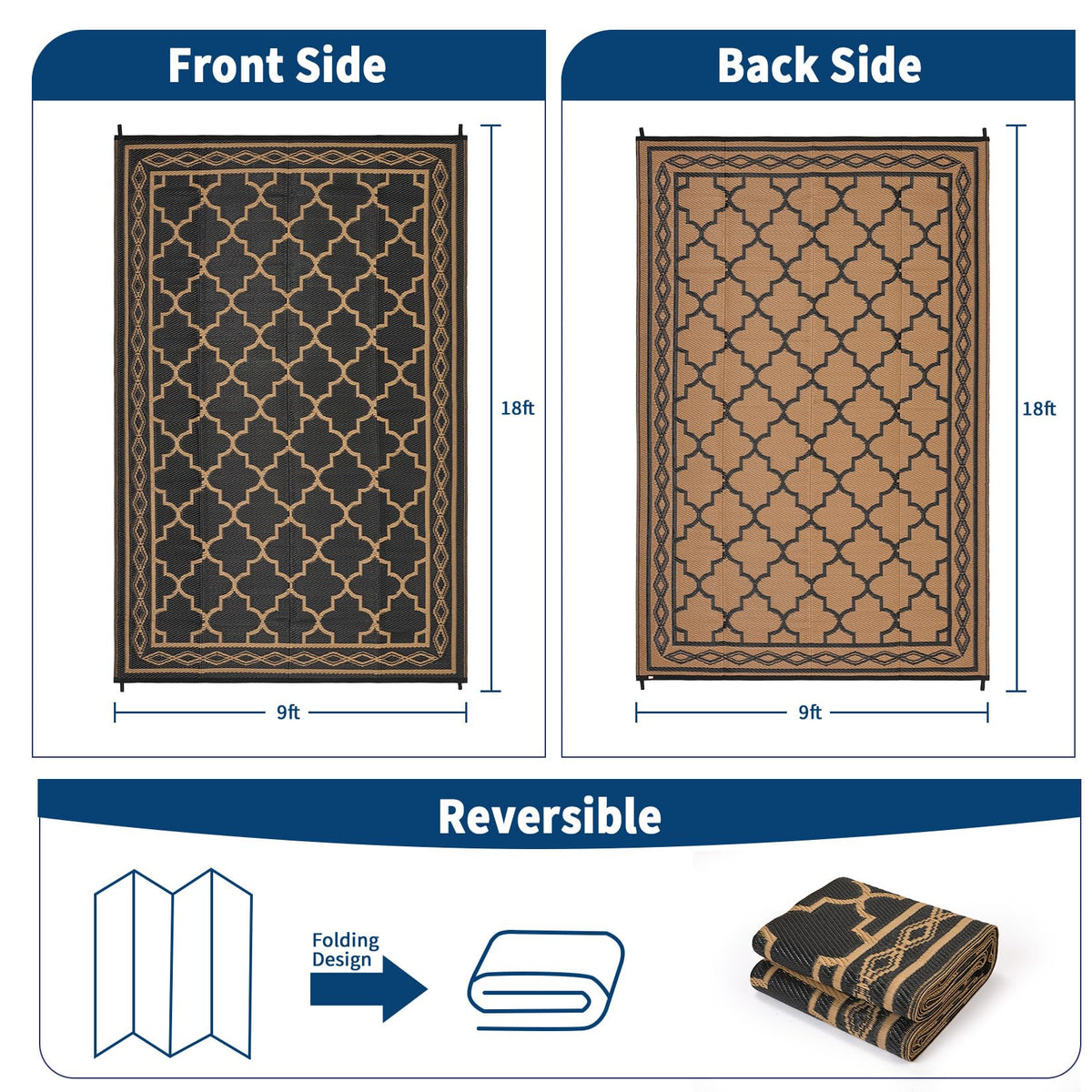 Garvee 9x18 rug set up at an RV campsite with corner loops and stakes.