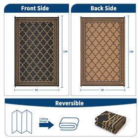 Garvee 9x18 rug set up at an RV campsite with corner loops and stakes.