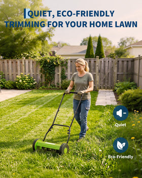 Garvee adjustable-cutting-height side view shows flexible turf results.