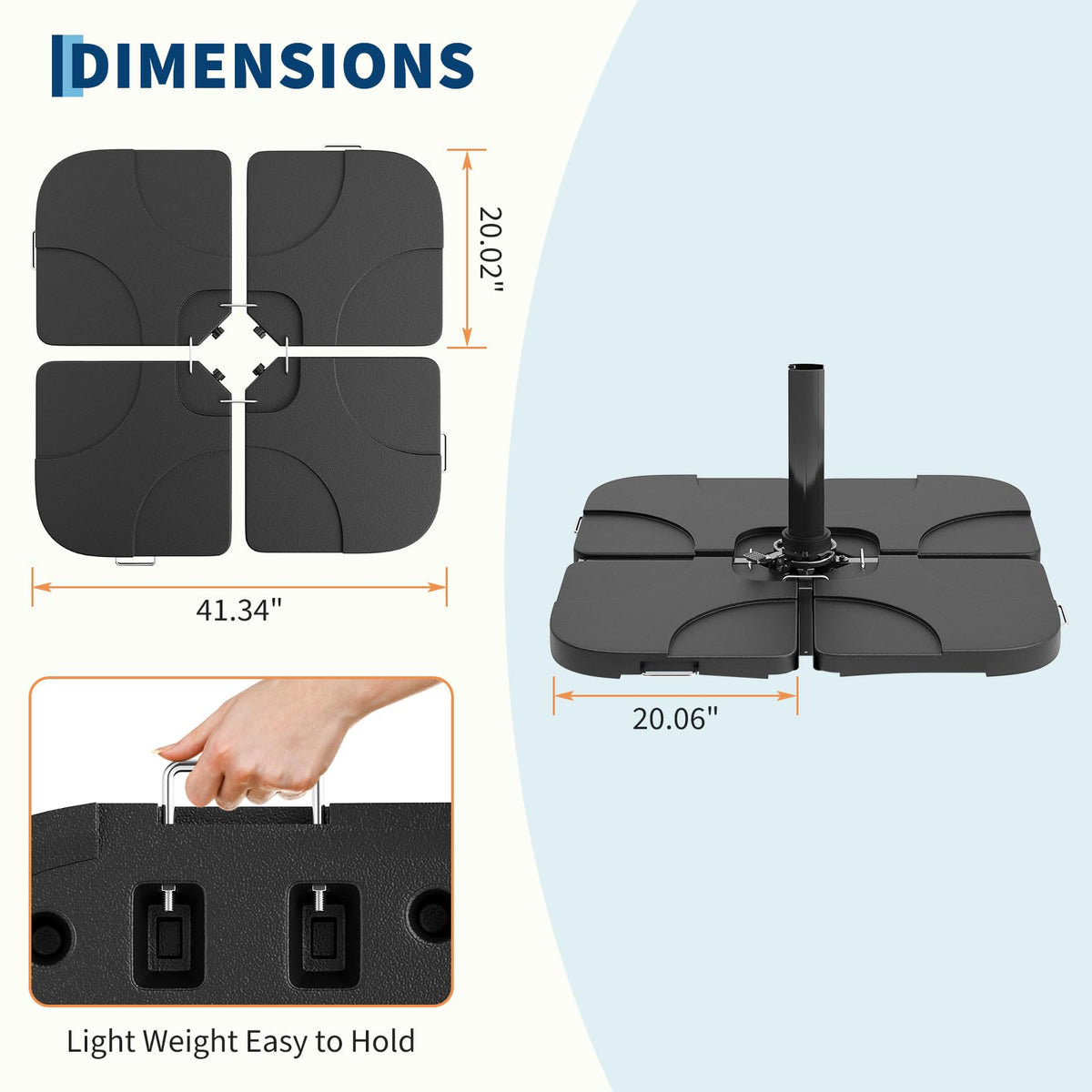 Garvee base dimensions show a stable 38.58-inch footprint for cantilever umbrellas.