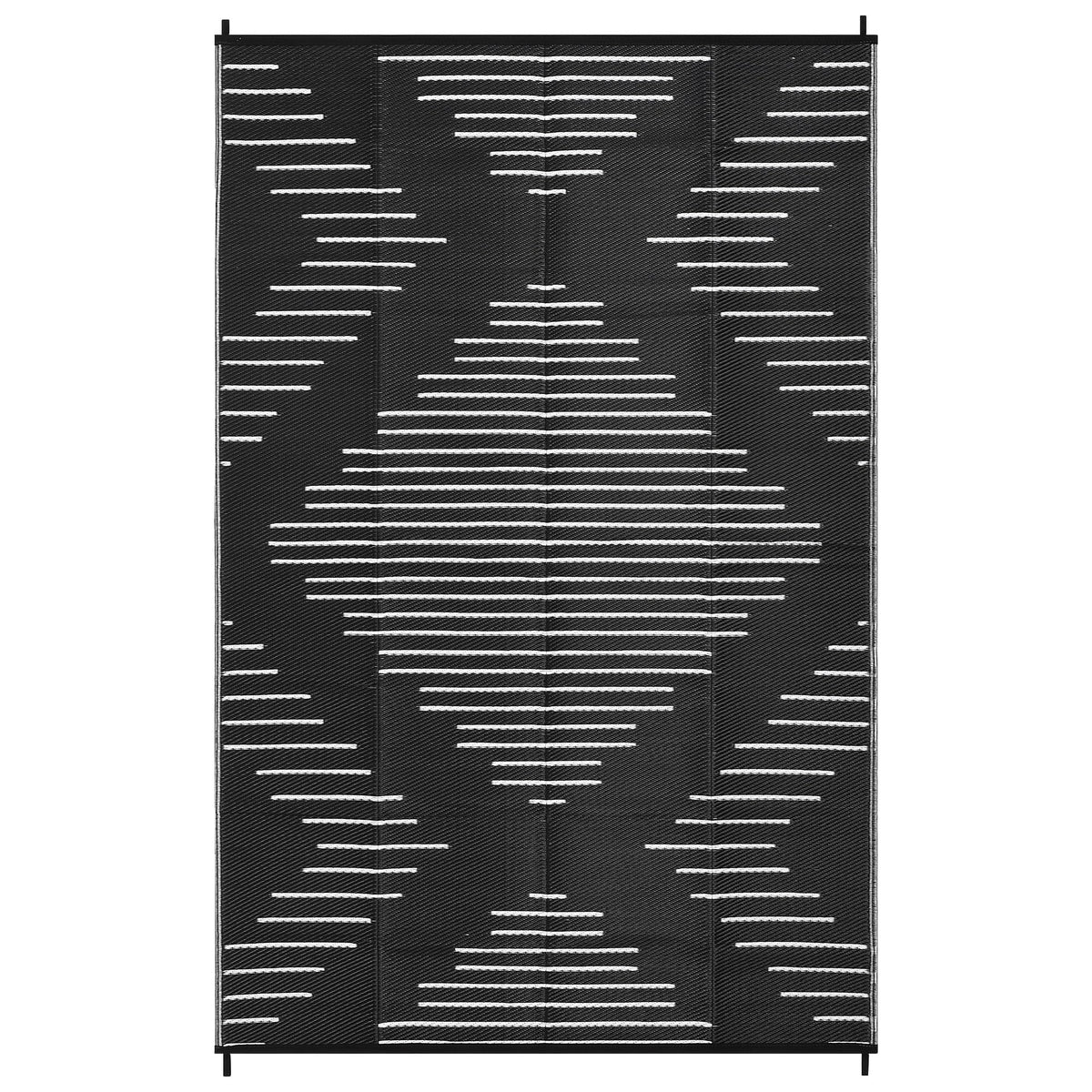 Garvee black and white outdoor rug fits entryways and outdoor spaces.