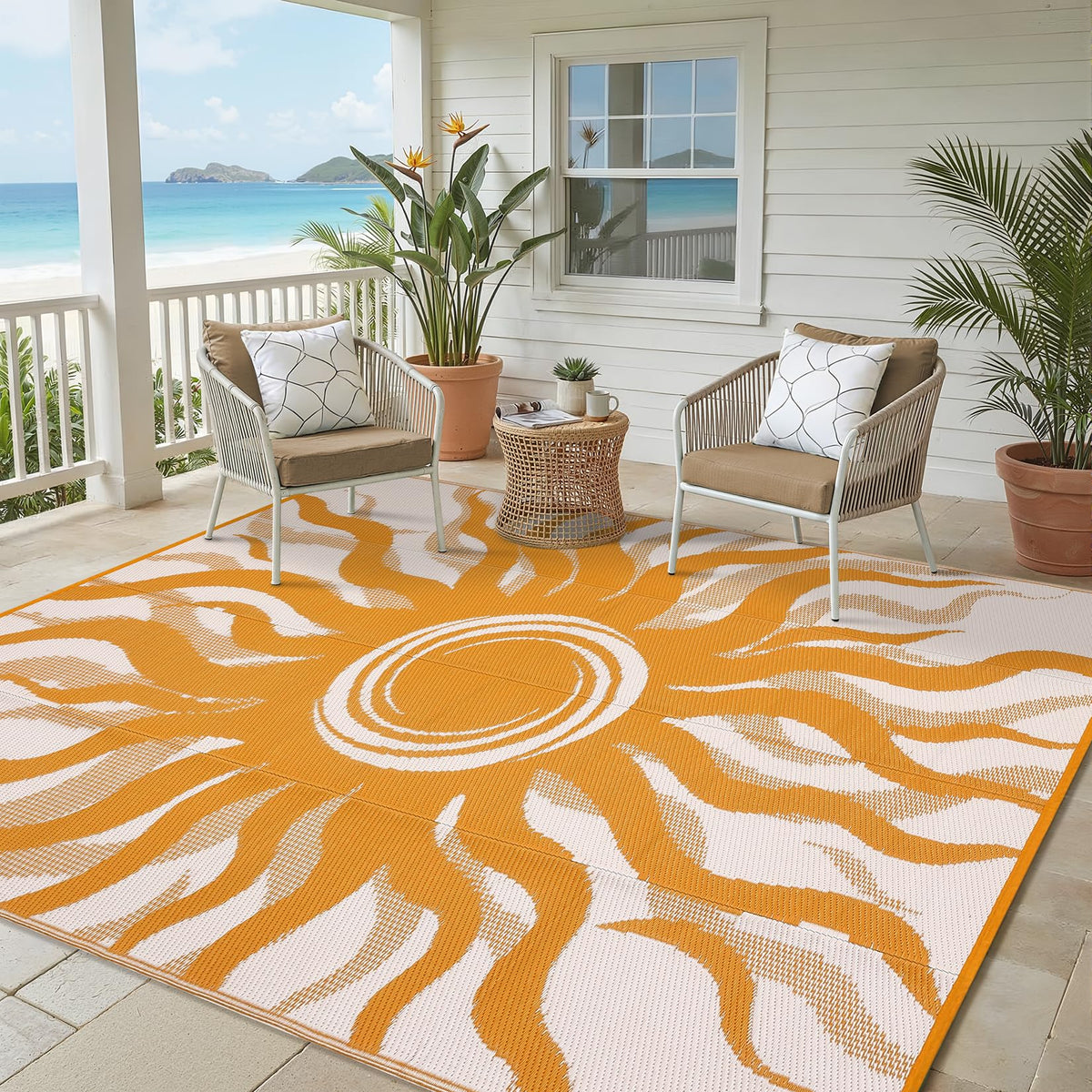 Garvee boho sun-pattern rug orange adds warm color to decks and balconies.