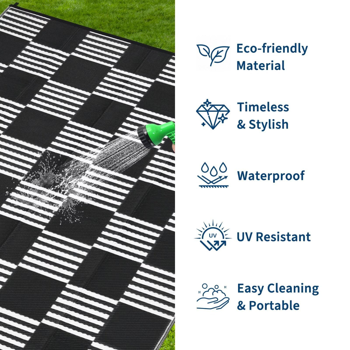 Garvee checkered rug on porch deck demonstrating durable outdoor aesthetics.