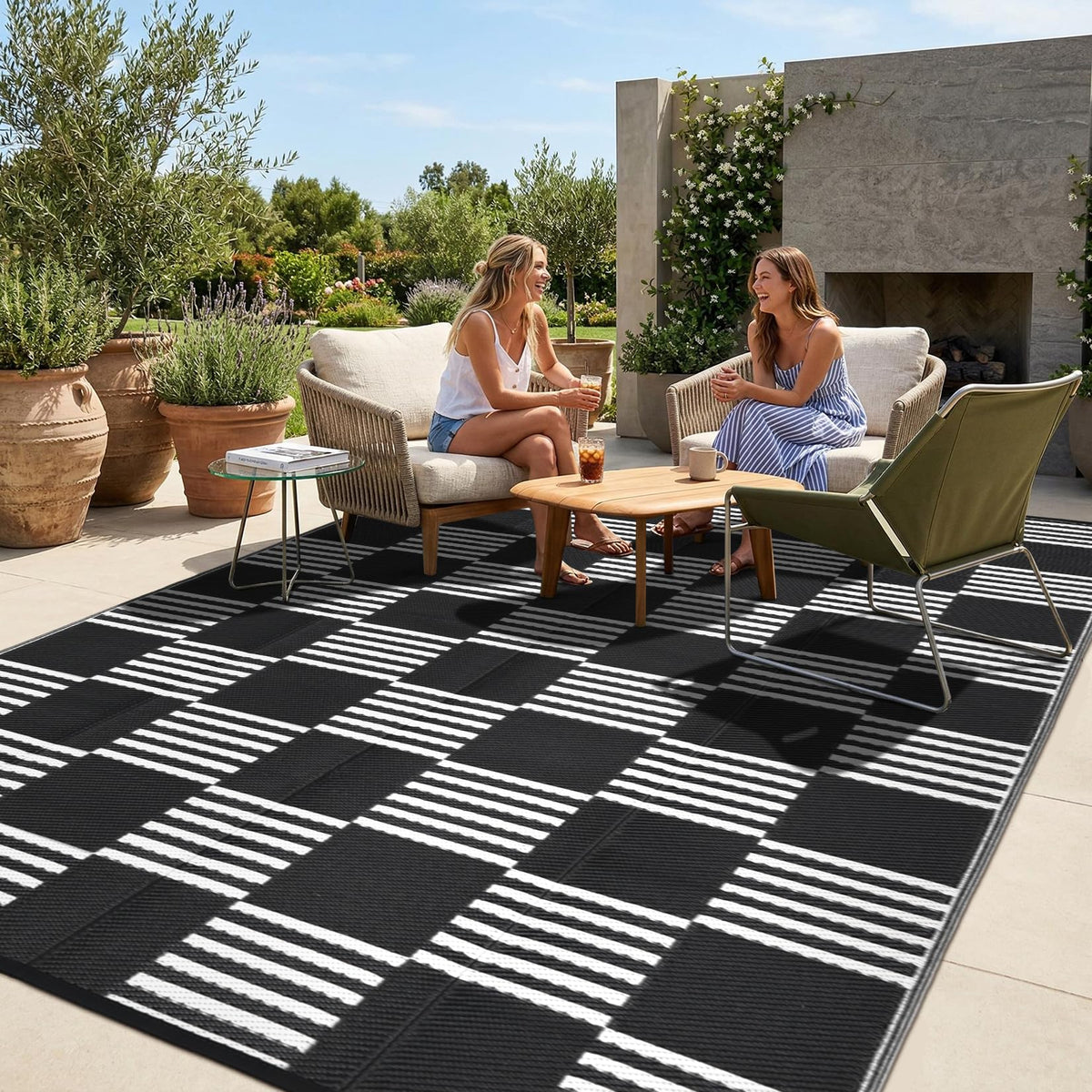 Garvee checkered rug 8x10 on patio, durable waterproof surface ideal for outdoor gatherings