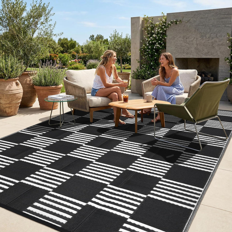 Garvee checkered rug 8x10 on patio, durable waterproof surface ideal for outdoor gatherings