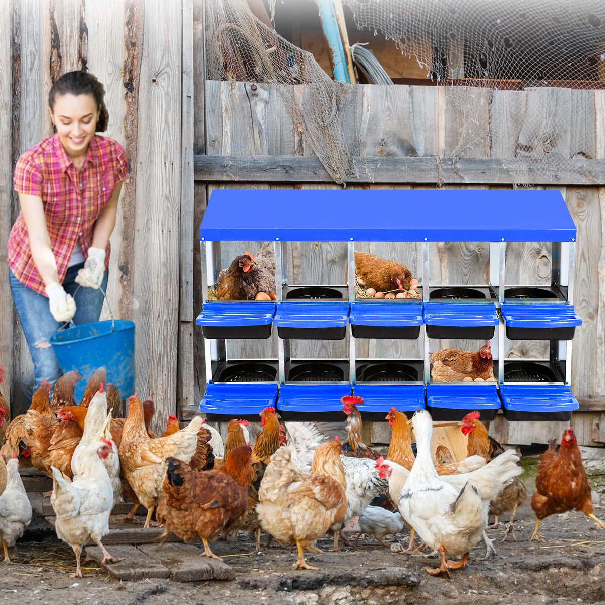 Garvee nesting box blue side view demonstrates compact footprint for cozy coop fits