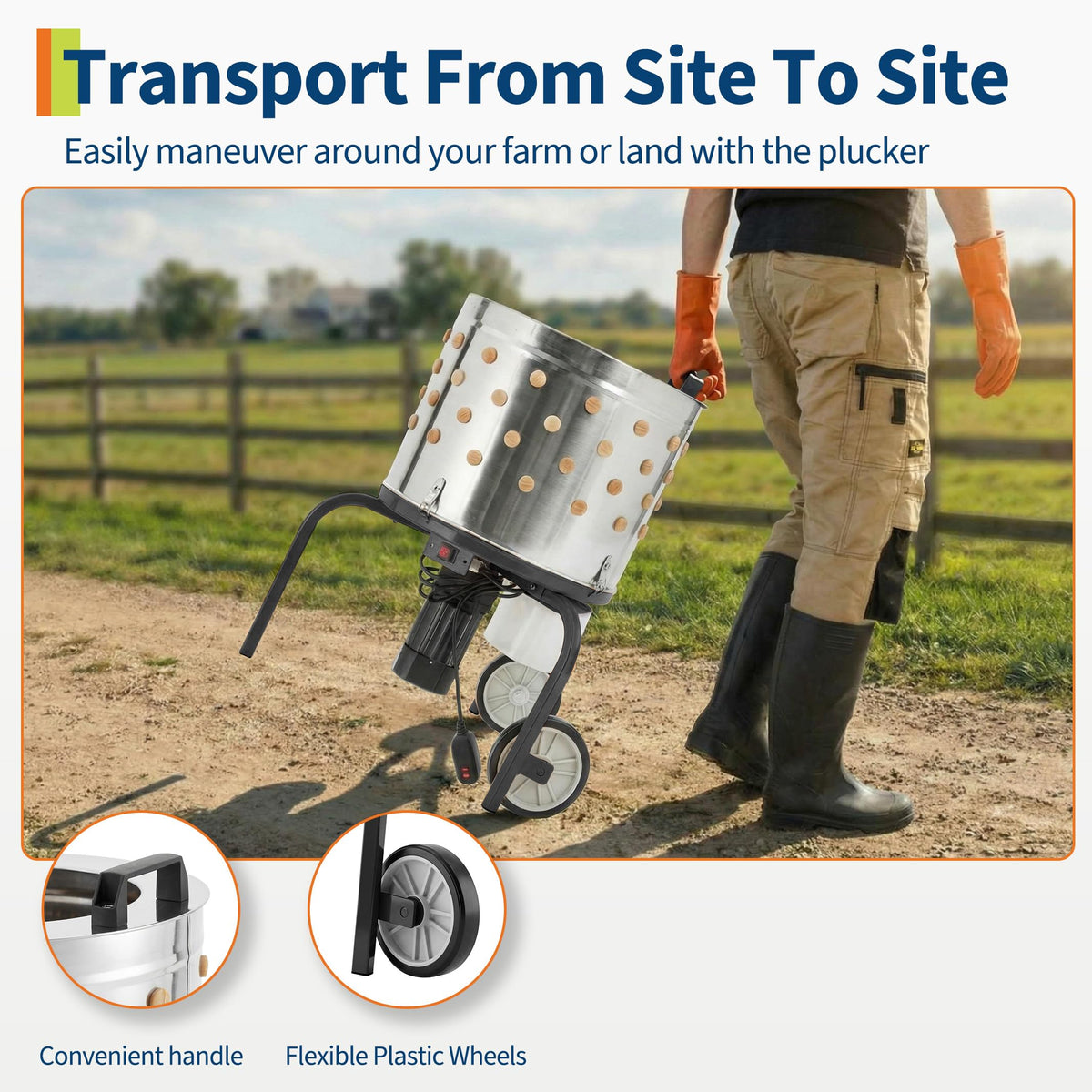 Garvee Plucker portable with handle and wheels for easy transport