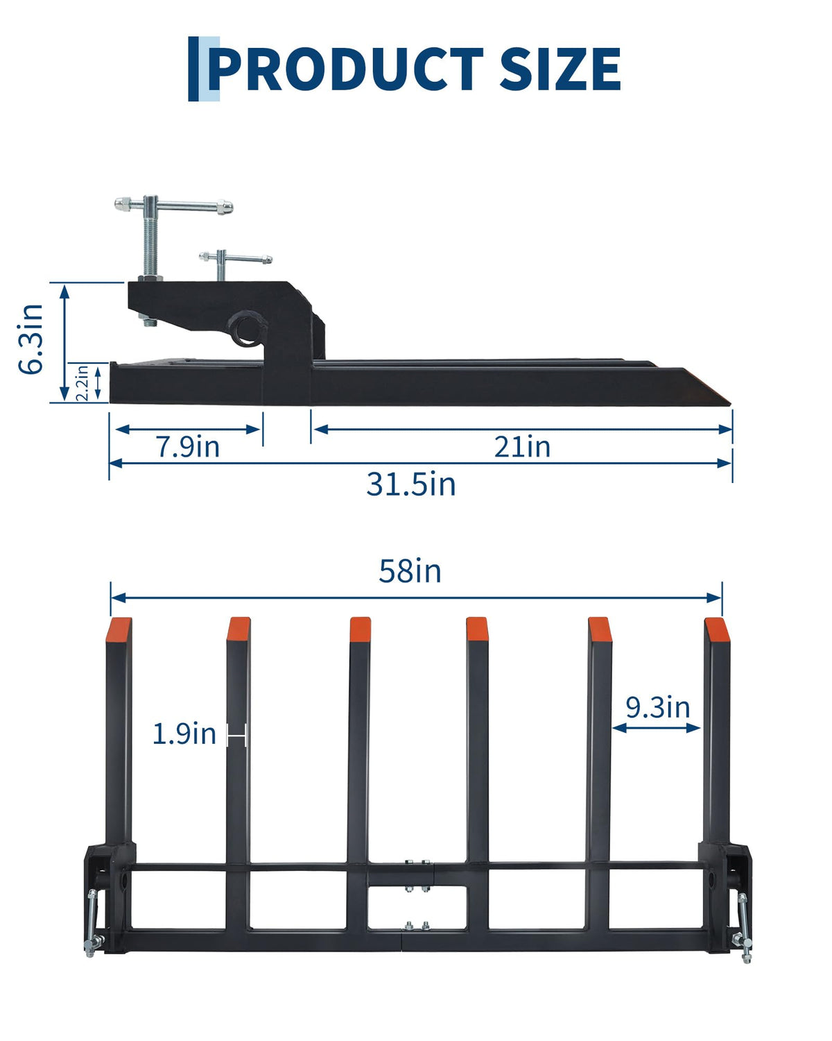 Garvee debris fork with six tines grips brush and pallets securely.