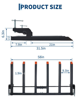 Garvee debris fork with six tines grips brush and pallets securely.