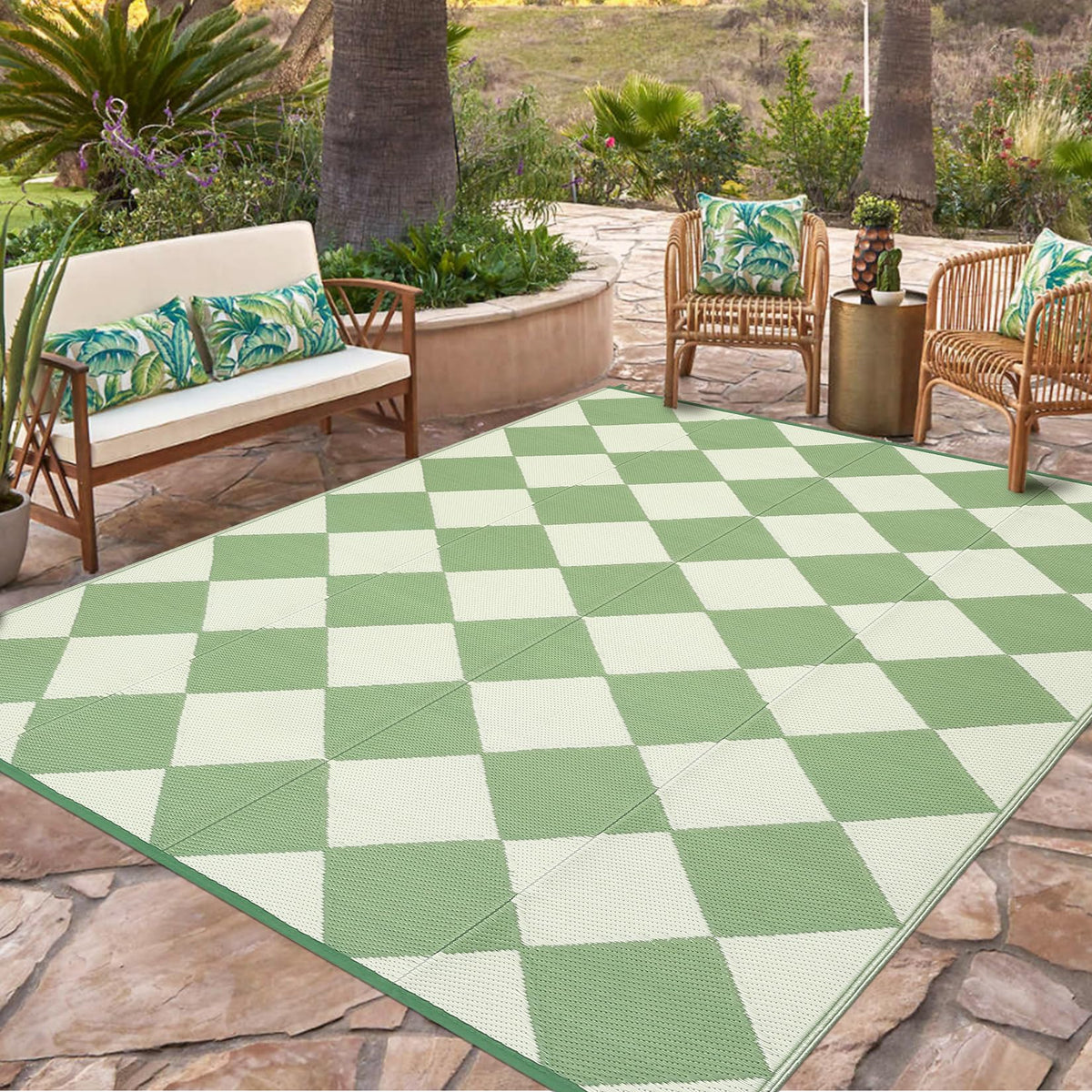 Garvee reversible-diamond-pattern rug for stylish outdoor spaces; doubles your styling options.