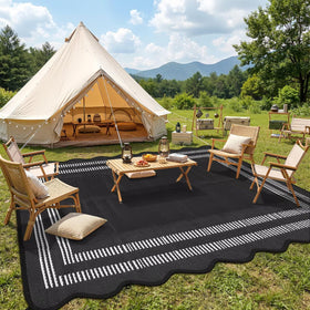 Garvee geometric pattern rug adds contemporary style to outdoor spaces.