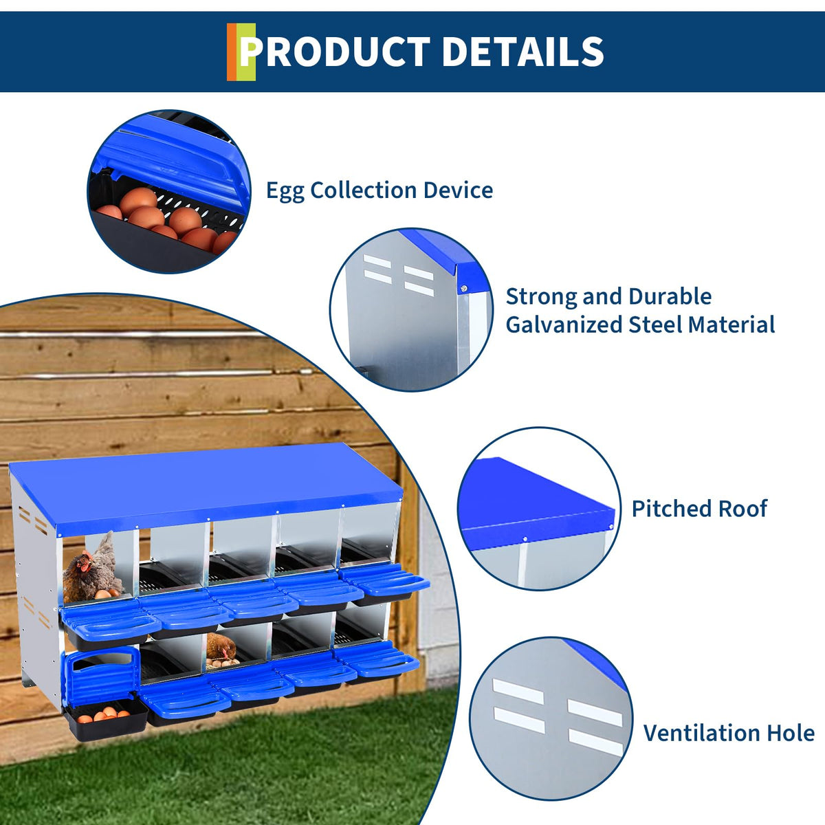 Garvee nesting box lid-access blue shows quick egg retrieval while protecting nests