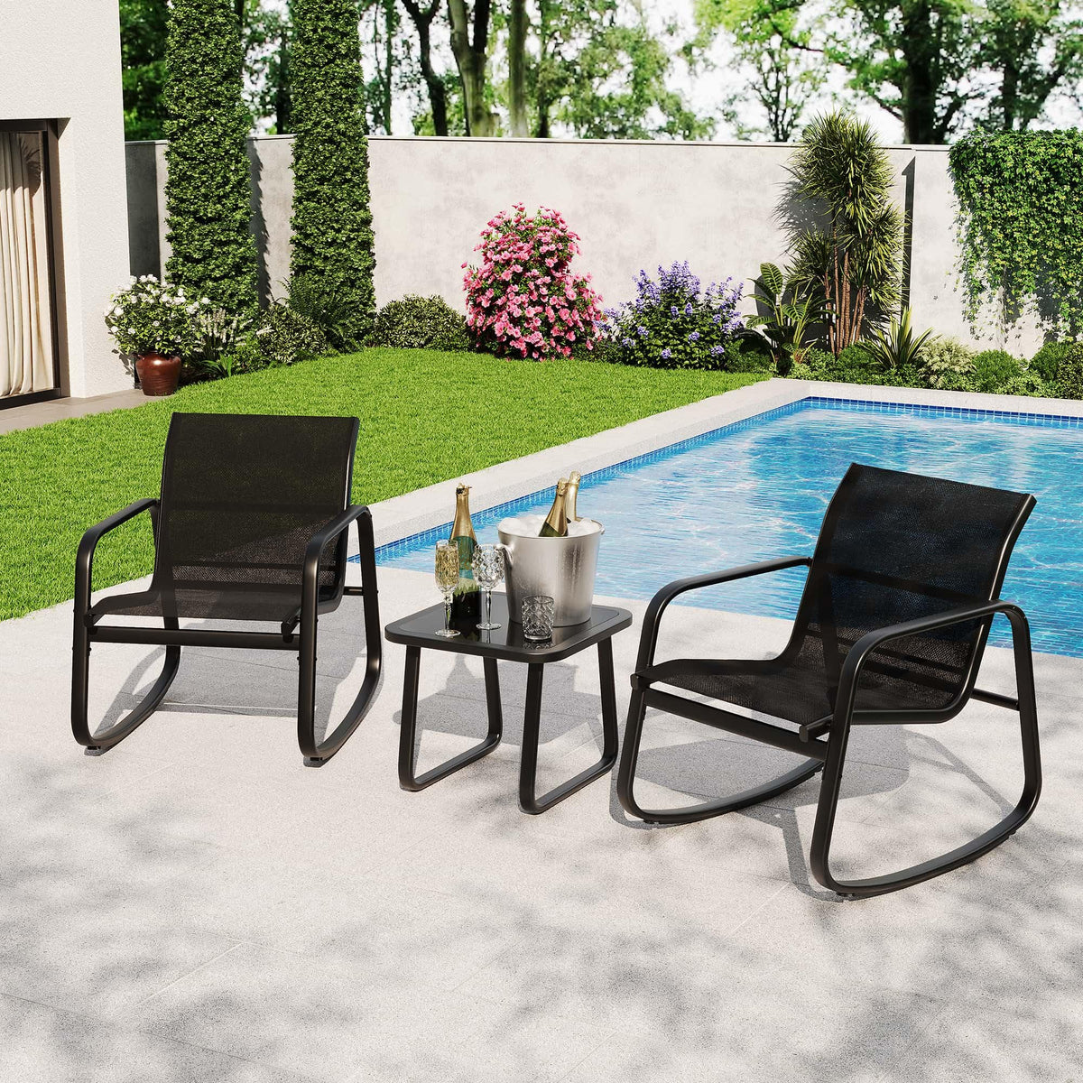 Garvee outdoor rocking chairs provide breathable comfort on a sunny patio.