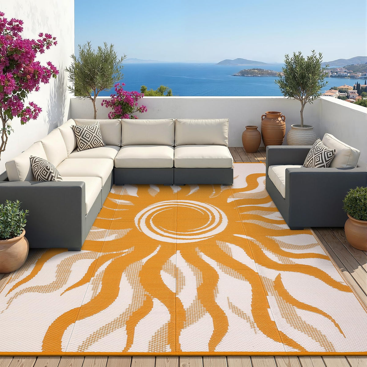 Garvee outdoor rug 6x9 sun pattern provides a durable, water-resistant surface for patios and decks.