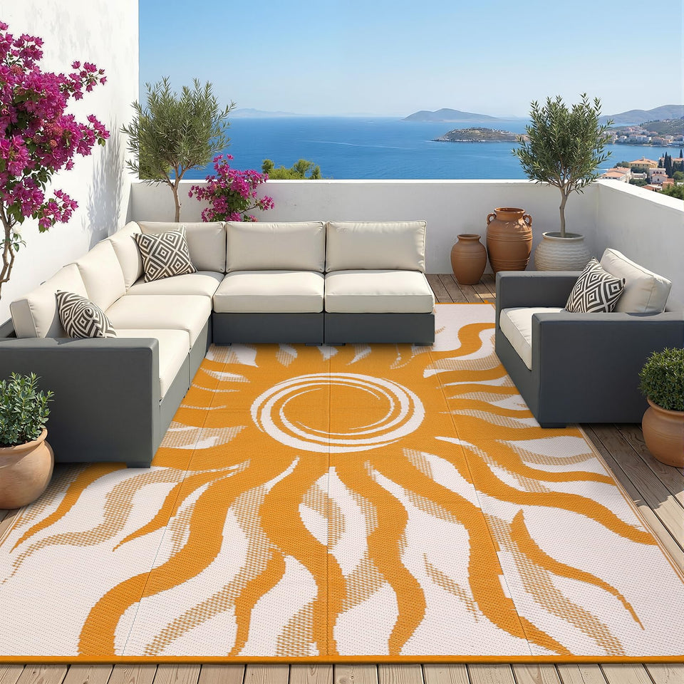 Garvee outdoor rug 6x9 sun pattern provides a durable, water-resistant surface for patios and decks.