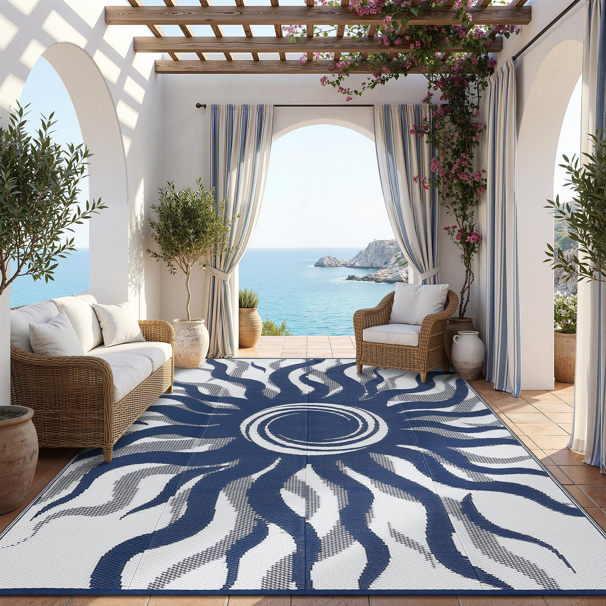 Garvee boho sun rug on balcony, adds color and versatility.